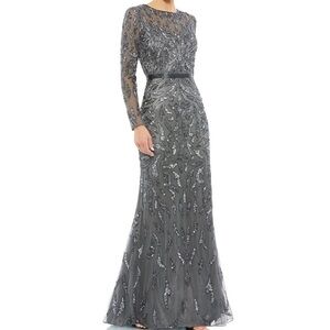 NWT Mac Duggal Beaded Long Sleeve Evening Gown in Charcoal 5124, size 16